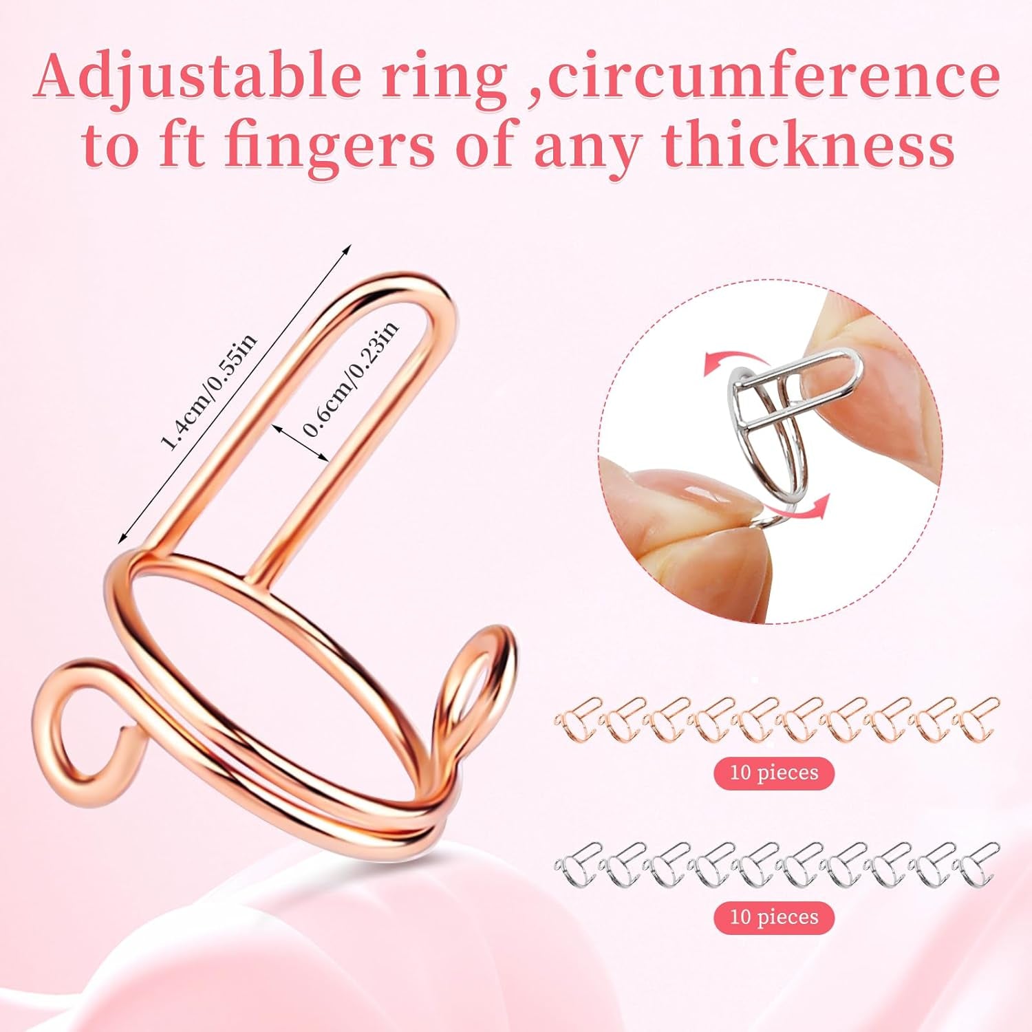 20Pcs Size Adjustable Wudu Rings with 120Pcs Adhesive Nail Tabs, Reusable Detachable Rings for Halal Nail, Muslim Wearing Manicure (Rose Gold, Silver)