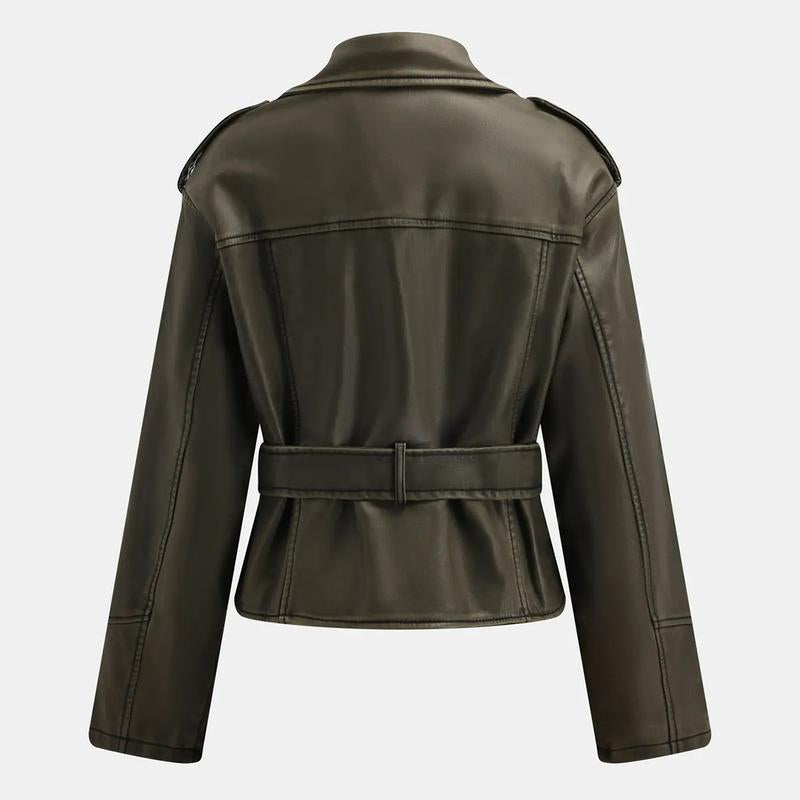 Katchme Womenswear Epaulets Zipper Belt Decor PU Biker Jacket Coats,Outerwear Jacket,Ladies Biker Zipper Pocket Clothes Womenswear