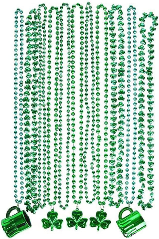 St. Patrick'S Beer Mug Beads & Shamrock Necklace Variety Pack, Metallic Green, 33 Inch (8Mm) (12-Pack)