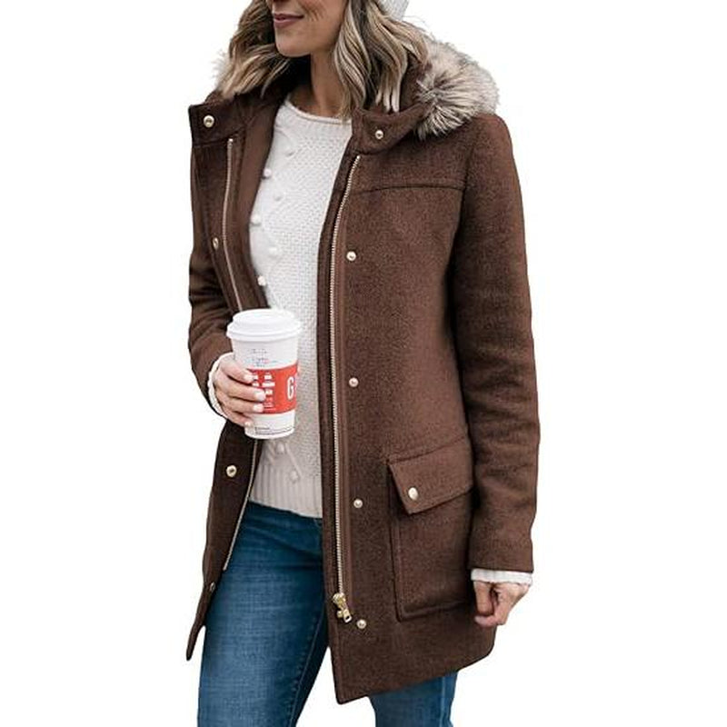 Goranbon Womens Coats Fall Winter Mid Length Thick Warm Pea Coat Elegant Faux Wool Coat with Detachable Hat Jacket Outerwear