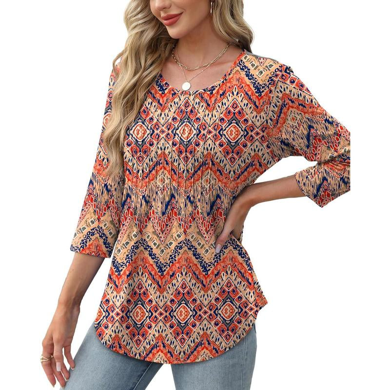 WIHOLL 3/4 Length Sleeve Womens Tops 2025 Crewneck Casual Pleated Tunic Tops Loose Fit Shirts Blouses Curved Hem