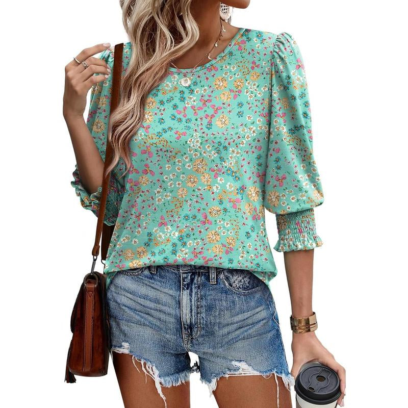 WIHOLL Blouses for Women Dressy Casual 3/4 Length Sleeve Womens Tops with Smocked Cuffs