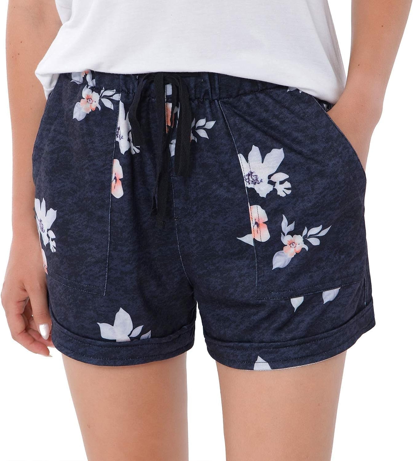 Women Summer Shorts Drawstring Comfy Casual Workout Cotton Linen Elastic Waist with Pockets Shorts 312 Floral-M