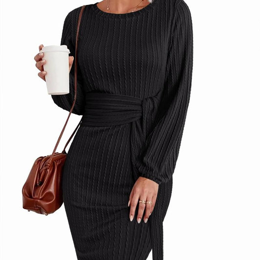 ZEAGOO Christmas Women'S Casual Knit Dress Long Lantern Sleeve Fall Bodycon Dress Crewneck Tie Waist Rib Knitted Sweater Dresses