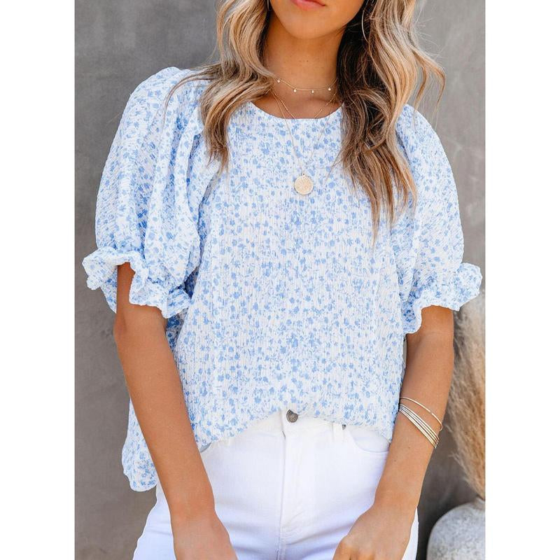 Dokotoo Floral Print Blouses for Women Crewneck Smocked Puff Sleeve Shirts Casual Babydoll Tops
