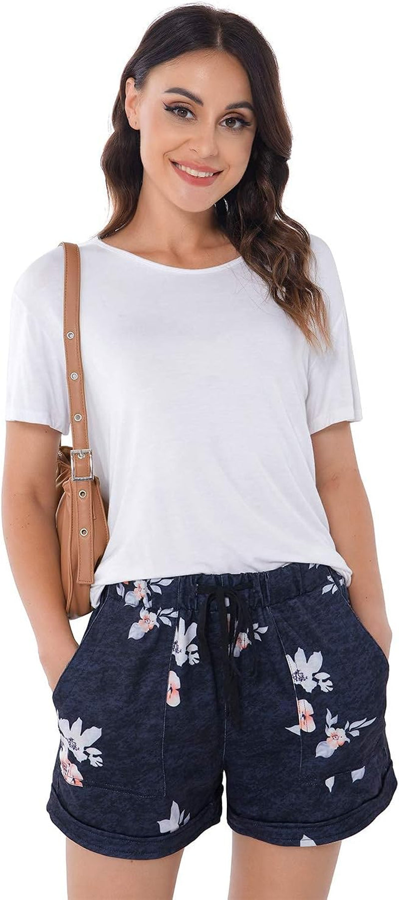 Women Summer Shorts Drawstring Comfy Casual Workout Cotton Linen Elastic Waist with Pockets Shorts 312 Floral-M