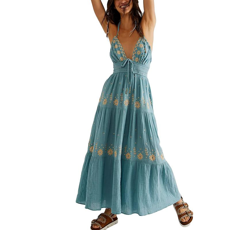 Embroidered Boho Maxi Dress for Women Spaghetti Strap Open Back Embroidered Tiered Swing Summer Long Dress Y2K Vacation Sundress