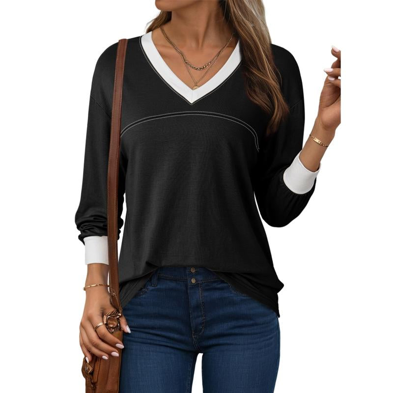 Dokotoo Women Blouses Dressy Casual Long Sleeve Shirts V Neck Color Block Tops Fall Outfits 2025