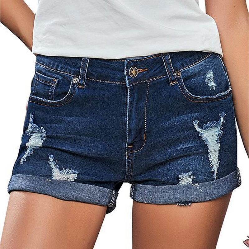 Luvamia Denim Shorts Women'S Ripped Jean Shorts High Waisted Stretchy Folded Hem Short Jeans