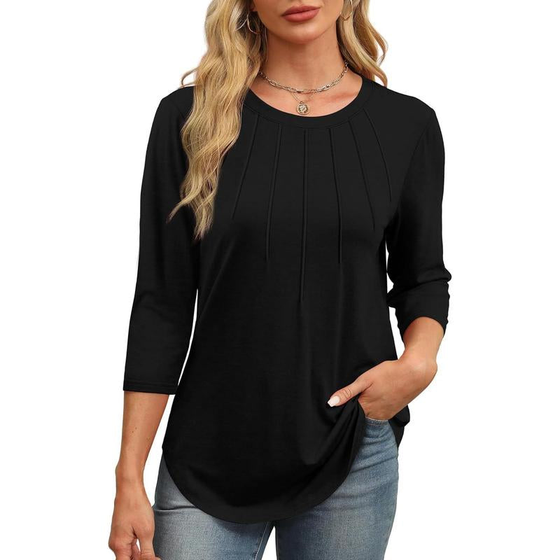 WIHOLL 3/4 Length Sleeve Womens Tops round Neck Casual Tunic Tops Basic Pleated Shirts Loose Fit 2024