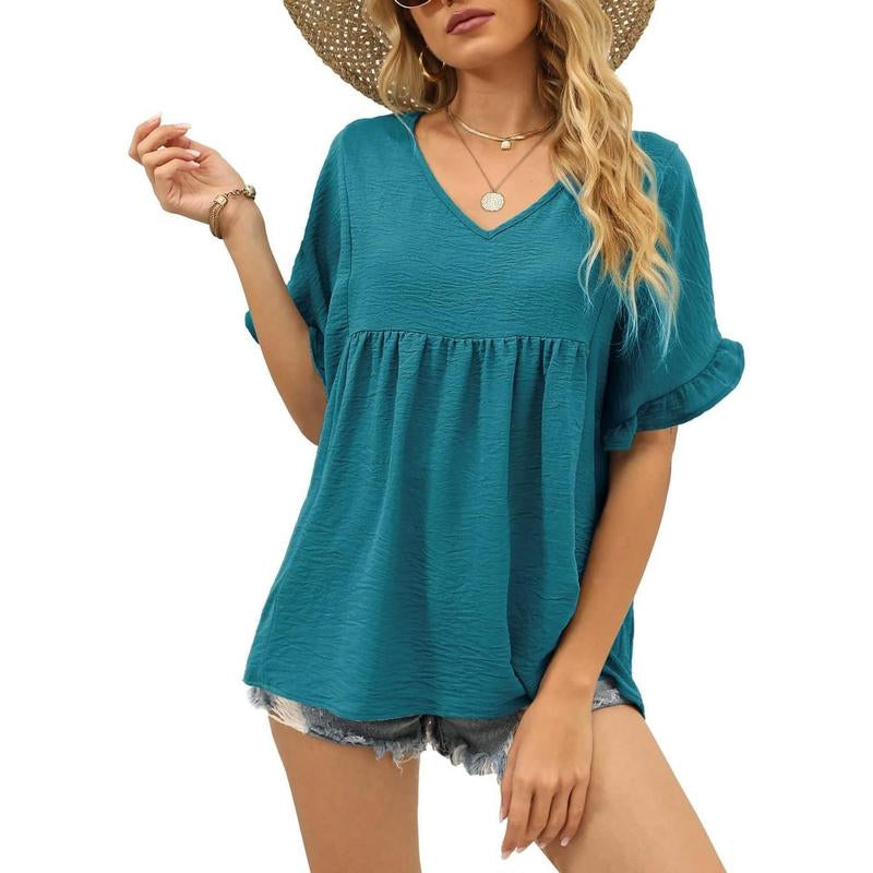 WIHOLL Womens Tops Casual V Neck Ruffle Sleeve T Shirts Babydoll Loose Fit Peplum Tops