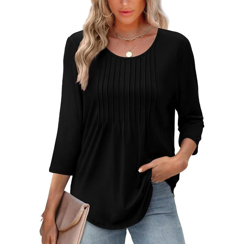 WIHOLL 3/4 Length Sleeve Womens Tops 2025 Crewneck Casual Pleated Tunic Tops Loose Fit Shirts Blouses Curved Hem