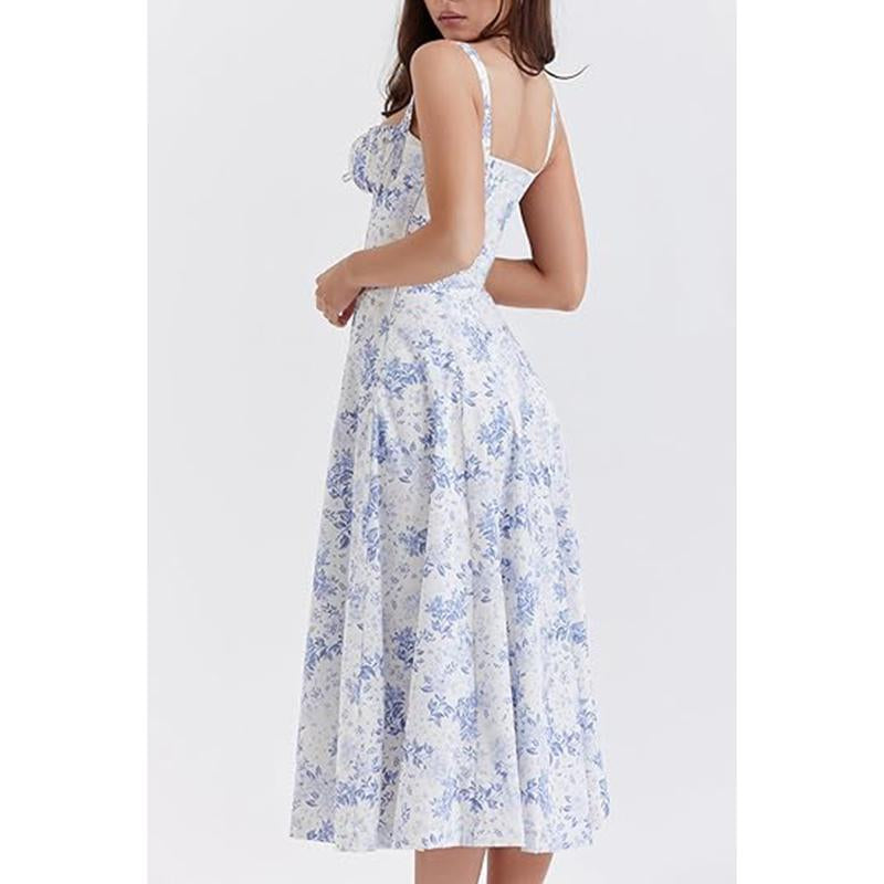 Women'S Floral Print Tie-Up Sleeveless Slit Thigh Dress, Casual Fashion Off-The-Shoulder A-Line Milkmaid Dress, Suitable for Spring and Summer, Beach Vacation