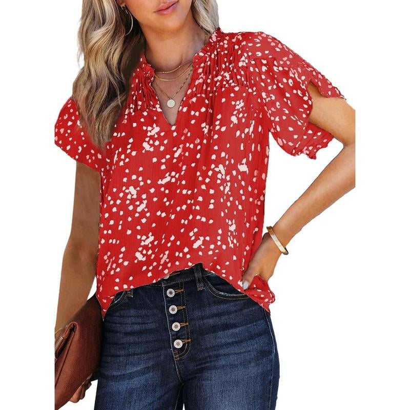 Dokotoo Women'S Casual V Neck Alicia Floral Print Smocked Short Sleeve Chiffon Blouses Bohemian Top Shirts