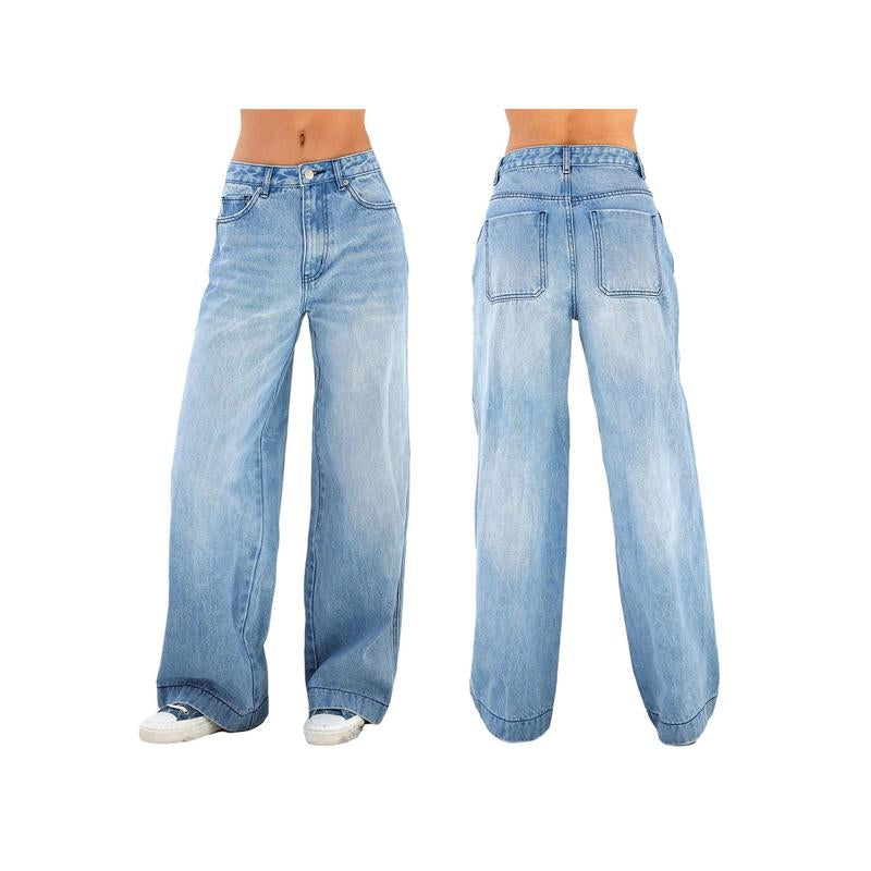2022 New Style Women´S Casual Loose Jeans Breathable Wide-Leg Pants with Pockets Summer Spring Fashion Denim Long Trouser