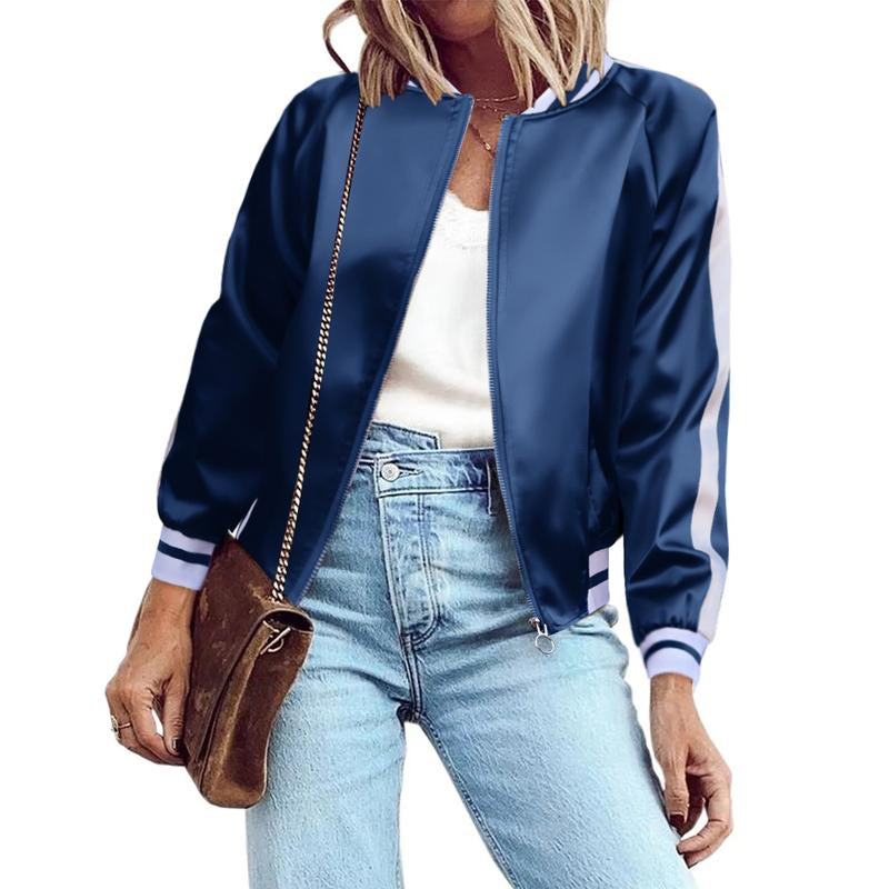 ZEAGOO Women Bomber Jacket Lightweight Zip up Jacket Casual Striped Jacket Coat Outerwear Windbreaker with Pockets