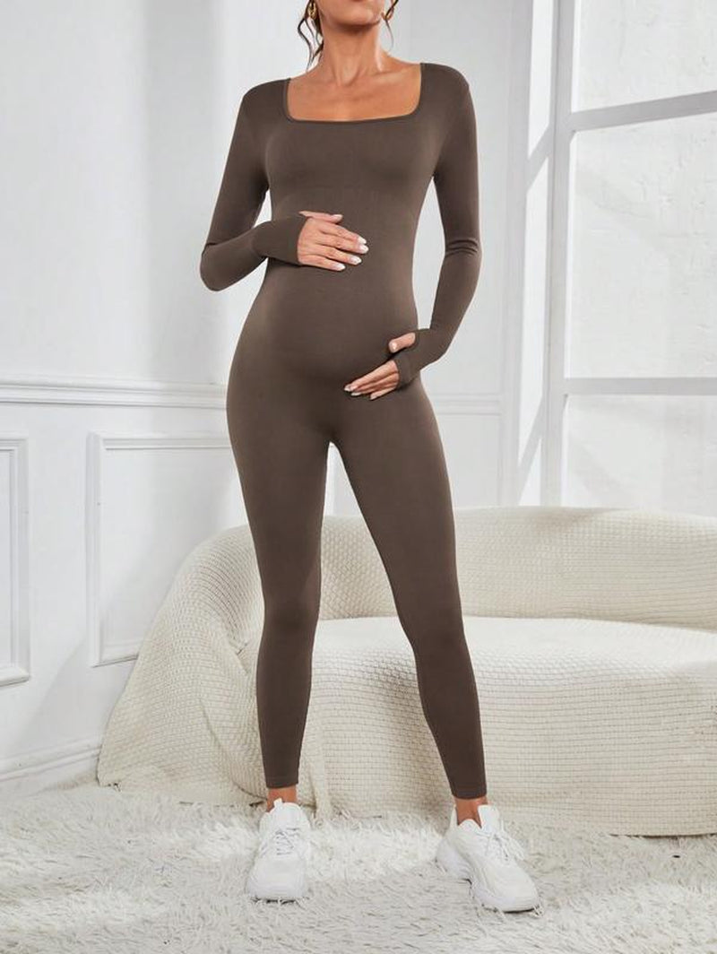 Maternity Seamless Yoga Jumpsuits Women'S One Piece Ribbed Square Neck Long Sleeved Romper with Workout Features