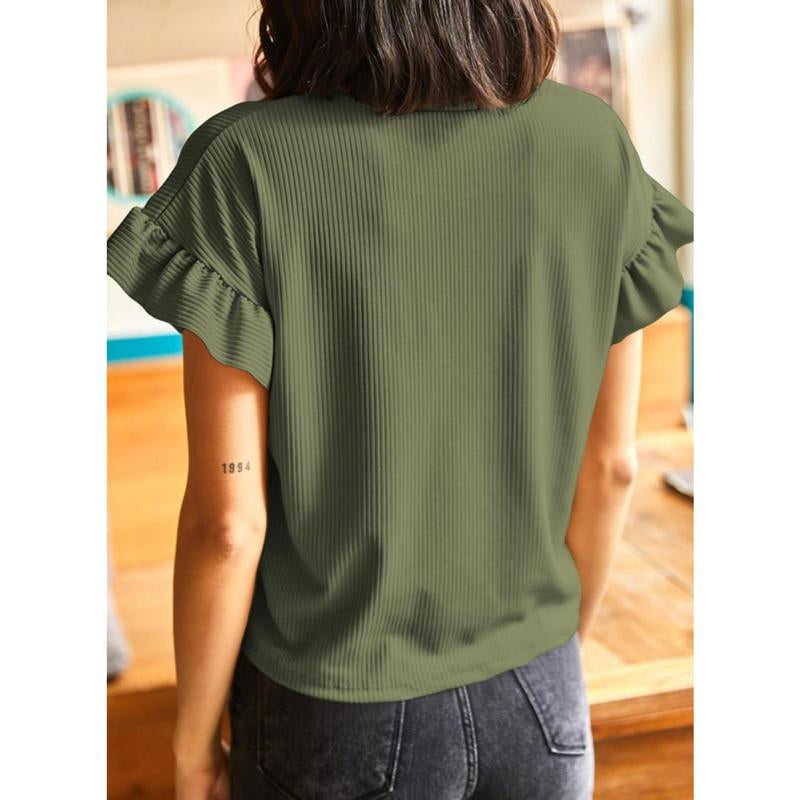EVALESS Womens Short Sleeve Casual Camisole T Shirts Summer Ruffle Plain Crewneck Knitter Comfort Loose Fitted Basic Tee Tops Womenswear