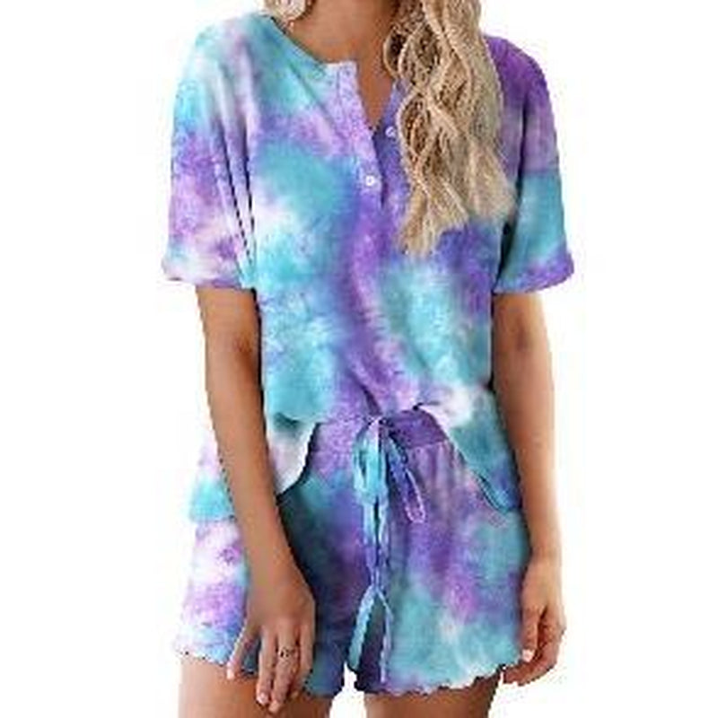 Ekouaer Tie Dye Pajamas Set Womens Loungewear Sleepwear 2 Piece PJ Sets Soft Womenswear Elastic Chic Comfy Casual Crewneck Fits Short Sleeve Jersey Light Drawstring Anniversary Bridal Dress Ladies Party Suit