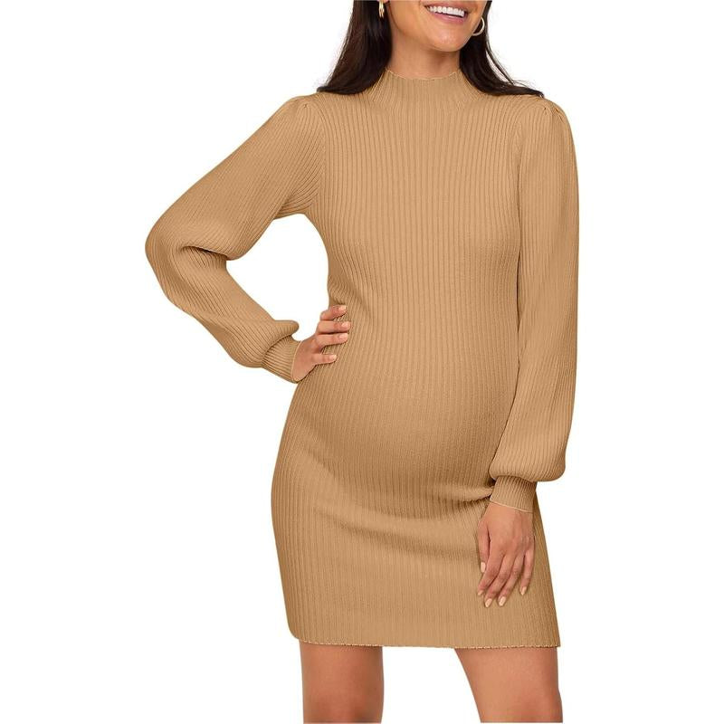 Wenrine Maternity Sweater Dress for Pregnant Women Turtleneck Puff Sleeve Knit Slim Fit Bodycon Mini Dress