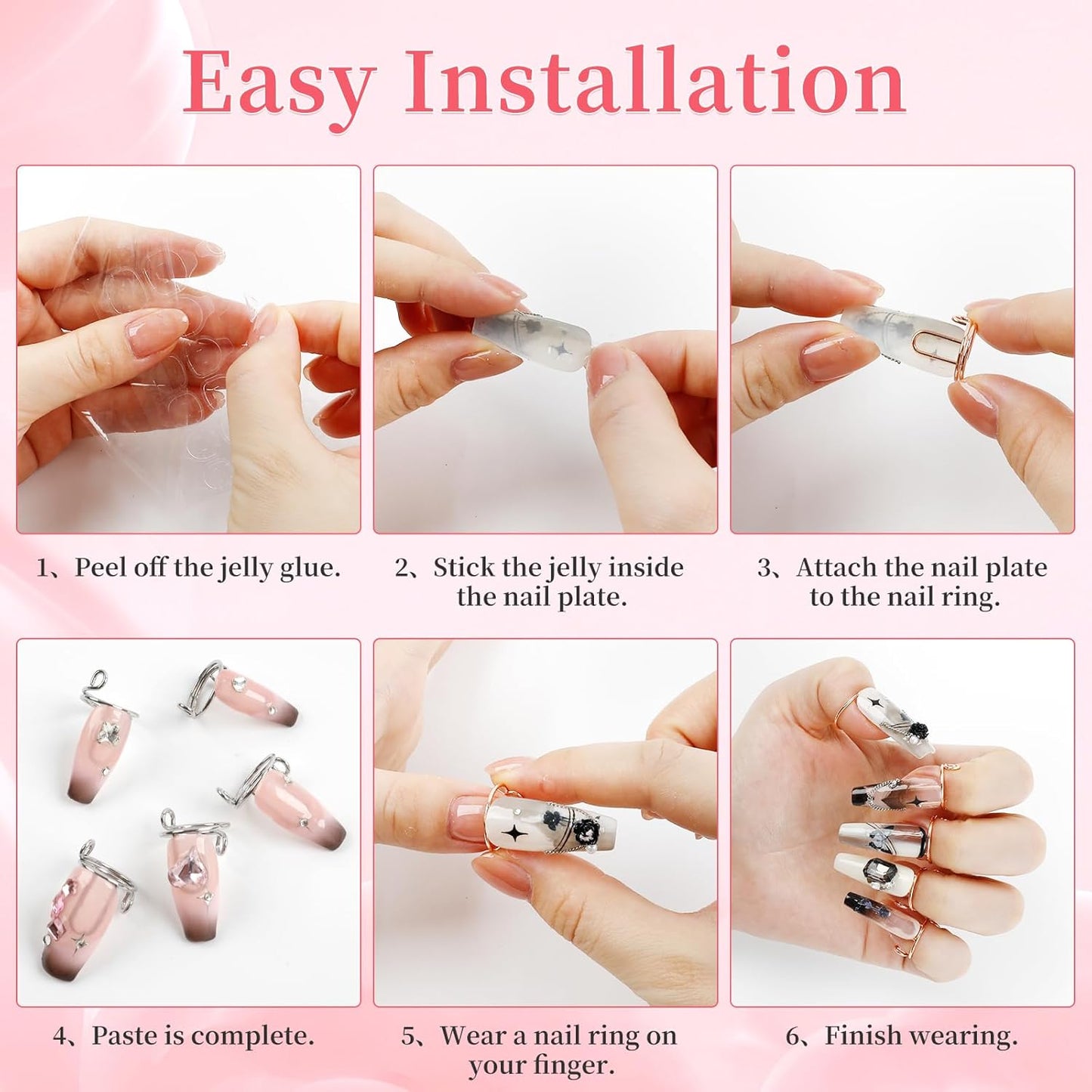 20Pcs Size Adjustable Wudu Rings with 120Pcs Adhesive Nail Tabs, Reusable Detachable Rings for Halal Nail, Muslim Wearing Manicure (Rose Gold, Silver)