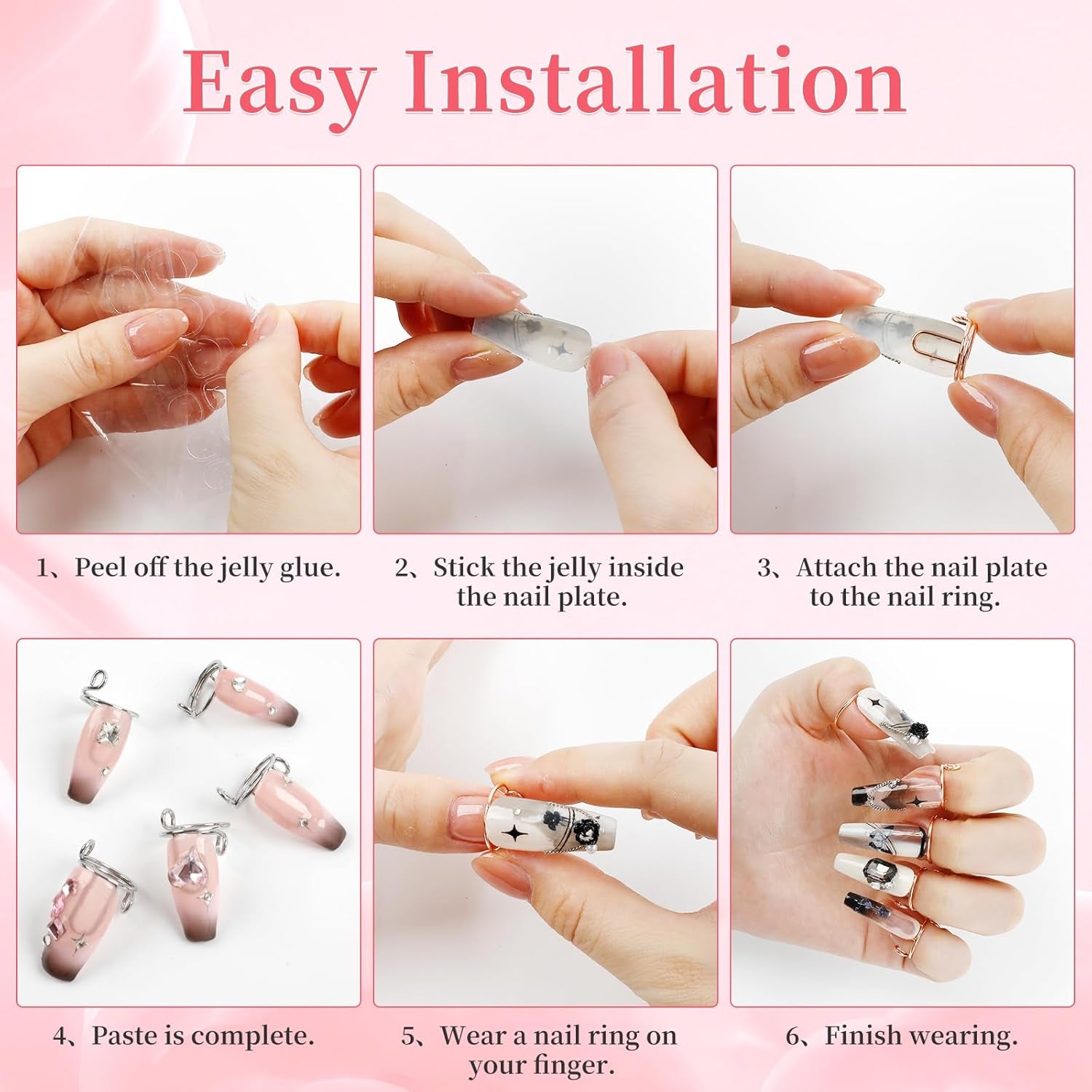 20Pcs Size Adjustable Wudu Rings with 120Pcs Adhesive Nail Tabs, Reusable Detachable Rings for Halal Nail, Muslim Wearing Manicure (Rose Gold, Silver)