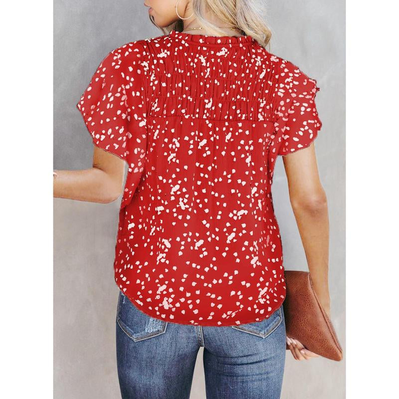 Dokotoo Women'S Casual V Neck Alicia Floral Print Smocked Short Sleeve Chiffon Blouses Bohemian Top Shirts