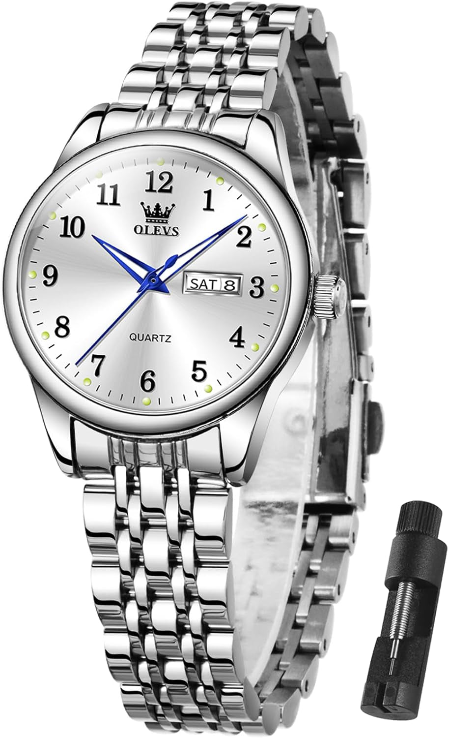Women Watches Date and Day,Ladies Watches with Silver Gold Stainless Steel,Elegent Female for Small Wrist Watch(White/Black/Blue/Gold Face)