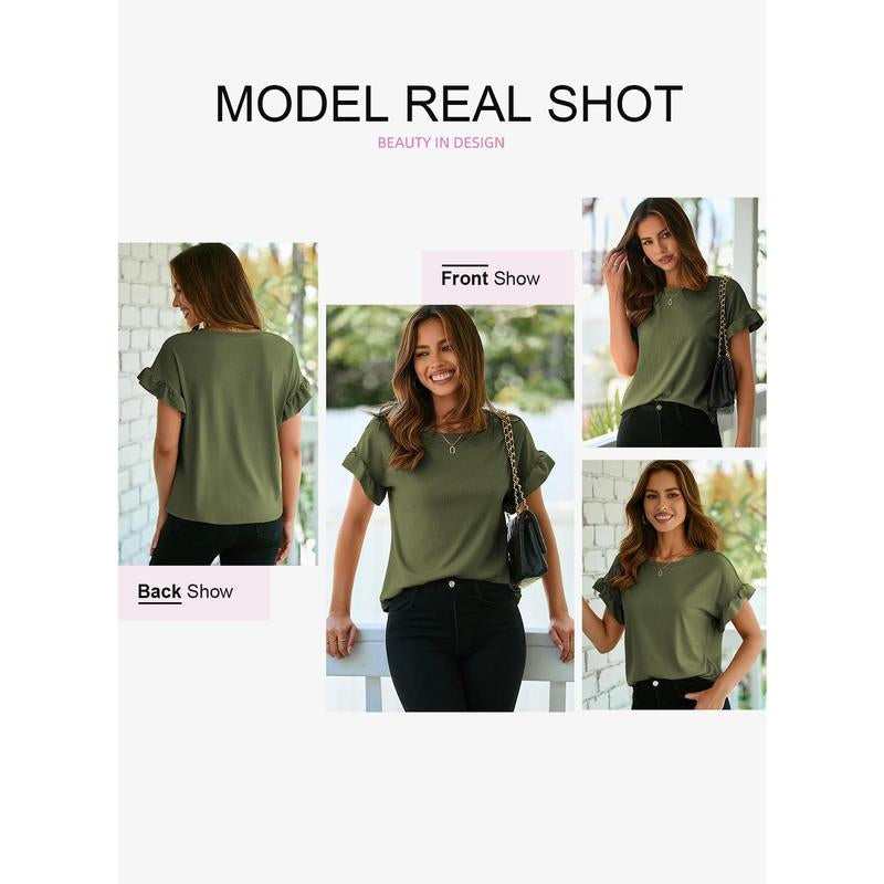 EVALESS Womens Short Sleeve Casual Camisole T Shirts Summer Ruffle Plain Crewneck Knitter Comfort Loose Fitted Basic Tee Tops Womenswear