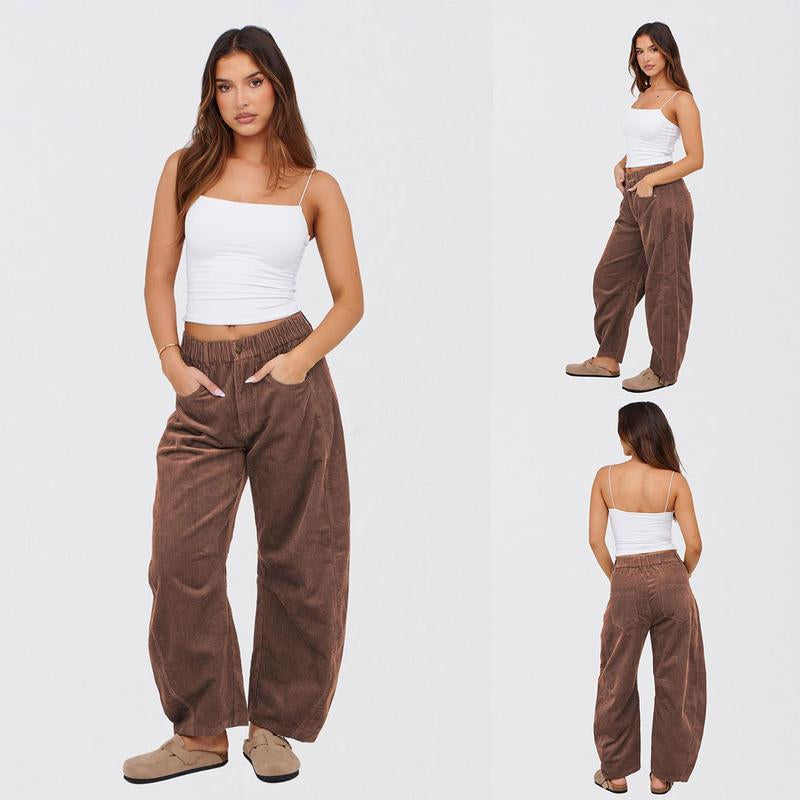 Naeduo Women'S Corduroy Pants Barrel Mid-Rise Elastic Waist Cord Pants Casual Wide Leg Baggy Trouser with Pockets