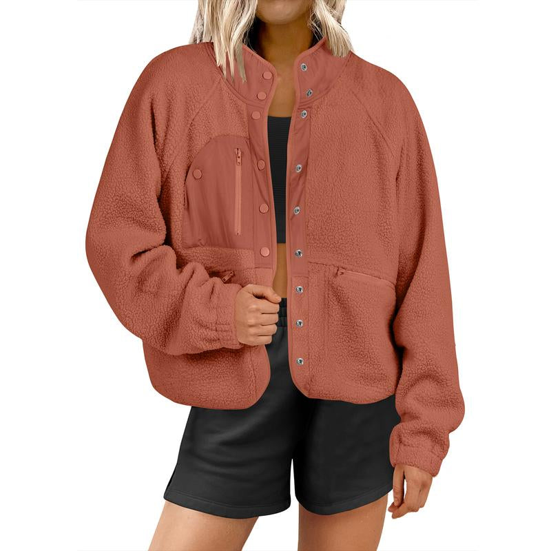 ANRABESS Womens Fleece Jacket Button down Shacket Casual Sherpa Cropped Coats Warm Outwear with Pockets