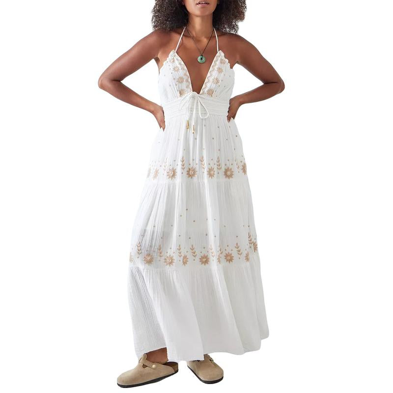 Embroidered Boho Maxi Dress for Women Spaghetti Strap Open Back Embroidered Tiered Swing Summer Long Dress Y2K Vacation Sundress