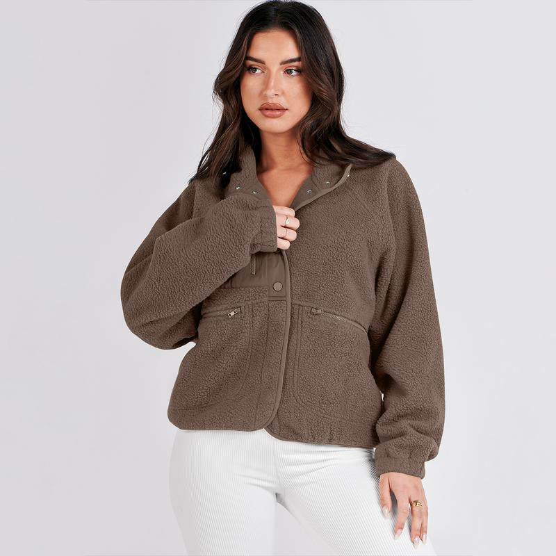 ANRABESS Womens Fleece Jacket Button down Shacket Casual Sherpa Cropped Coats Warm Outwear with Pockets