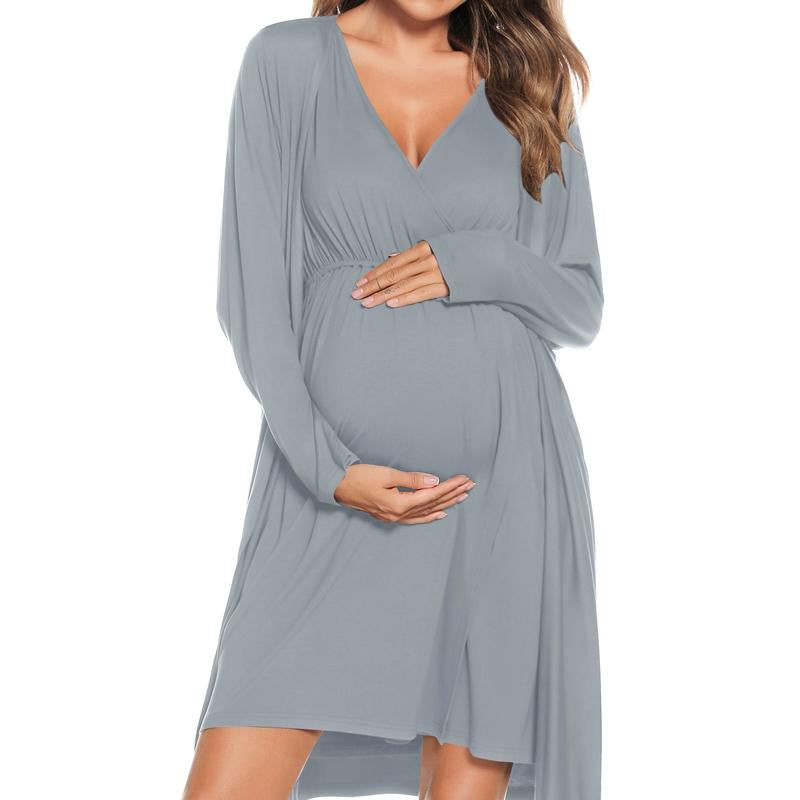SWOMOG Women Maternity Nursing Gown and Robe Set 3 in 1 Soft Modal Fabric Nursing Gown for Hospital Bathrobe Pregnancy Postpartum Outfits Pregnant