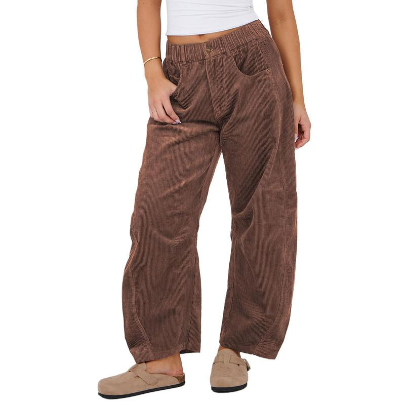 Naeduo Women'S Corduroy Pants Barrel Mid-Rise Elastic Waist Cord Pants Casual Wide Leg Baggy Trouser with Pockets