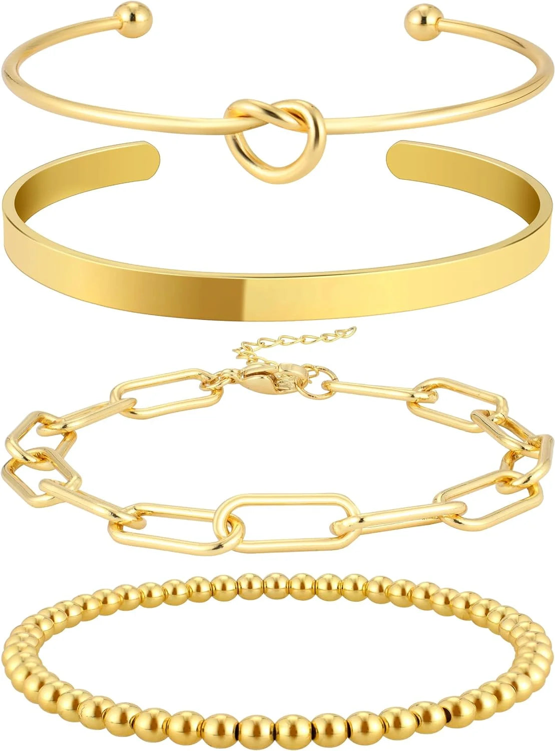Gold Bracelets for Women Stack 14K Gold Plated Bangle Cuff Bracelet Set for Women Non Tarnish Gold Beaded Paperclip Link Chain Bracelets Jewelry for Women Girls Trendy