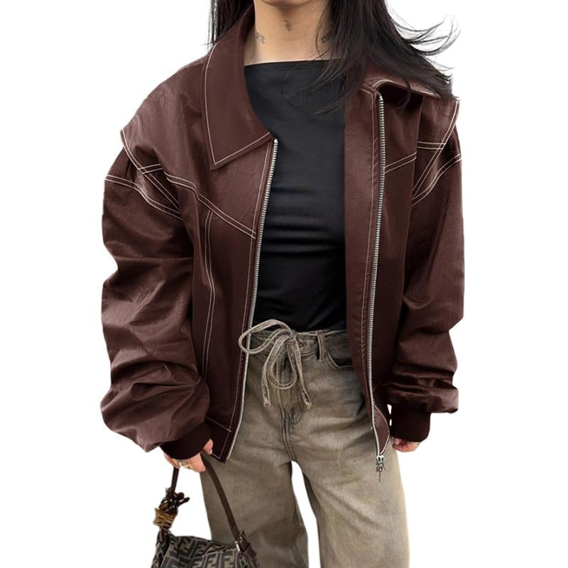 Goranbon Womens Oversized Leather Bomber Jackets Cap Sleeve Zip up Motorcycle Coats with Pockets