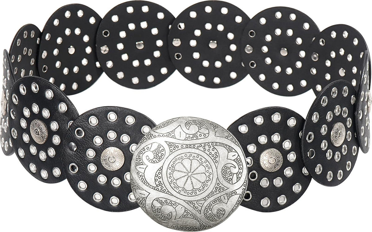 HIQUACC Wide Disc Belt for Women Vintage Leather Hollow Out Round Belt Western Waist Belt (Silver Black M)