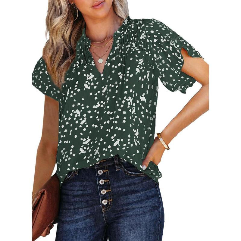 Dokotoo Women'S Casual V Neck Alicia Floral Print Smocked Short Sleeve Chiffon Blouses Bohemian Top Shirts