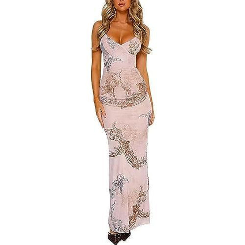 Womens Dress Dresses for Women Midi Dress Maxi Dress Mini Dress Women Vintage Spaghetti Strap Maxi Dress Sexy Low Cut Backless Floral Satin Slip Long Dress Y2K Cami Bodycon Dresses