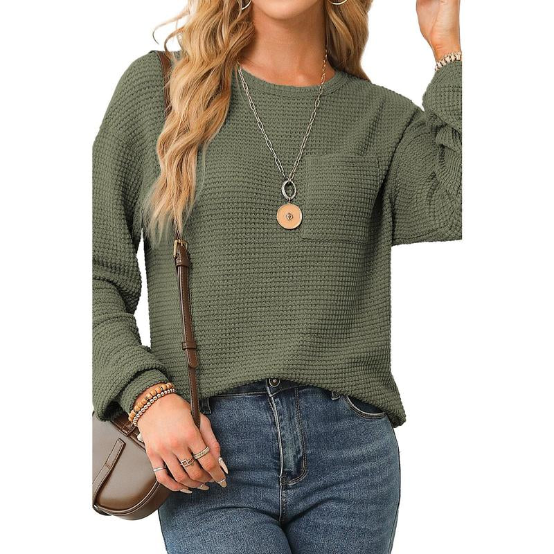 Dokotoo Womens Tops 2025 Oversized Long Sleeve Crewneck Waffle Knit Shirts Business Casual Blouses Basic Shirts Clothes Elegant