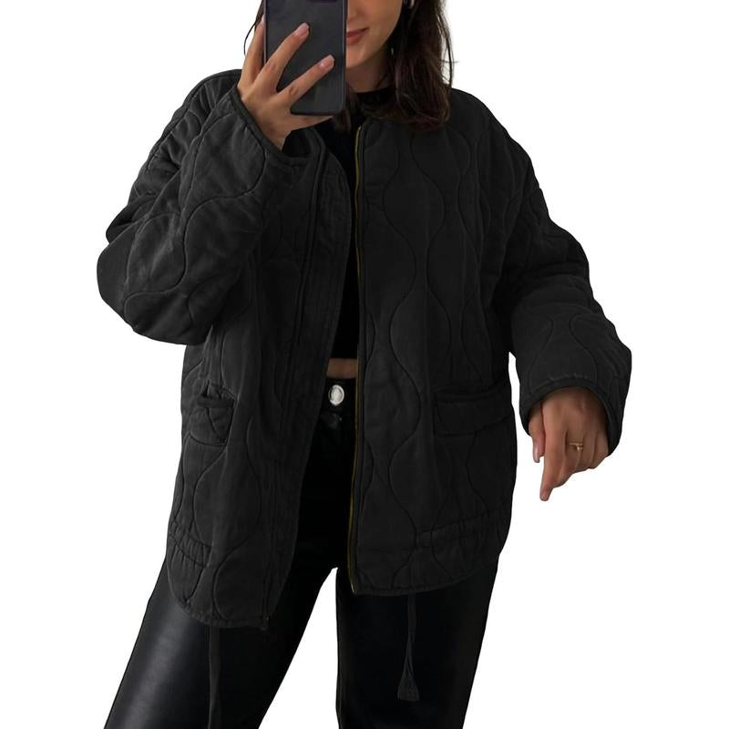 Womens Collarless Lightweight Quilted Jackets Casual Oversized Puffer Coats Zip up Drawstring Outerwe