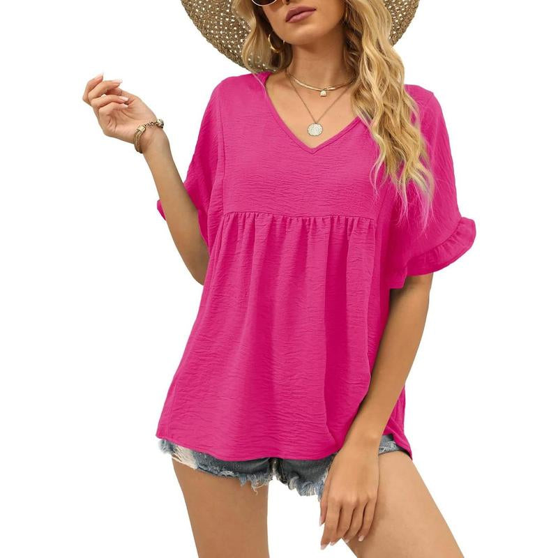 WIHOLL Womens Tops Casual V Neck Ruffle Sleeve T Shirts Babydoll Loose Fit Peplum Tops