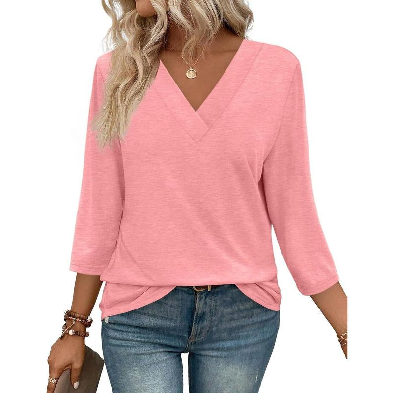 WIHOLL 3/4 Length Sleeve Womens Tops V Neck Casual Tunic Tops Basic Shirts Loose Fit Blouse