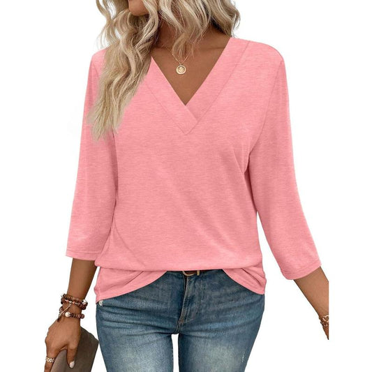 WIHOLL 3/4 Length Sleeve Womens Tops V Neck Casual Tunic Tops Basic Shirts Loose Fit Blouse