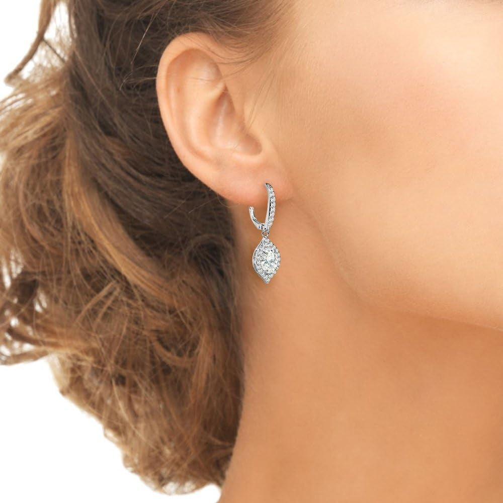 Sterling Silver Oval Dangle Leverback Earrings Made with AAA Cubic Zirconia