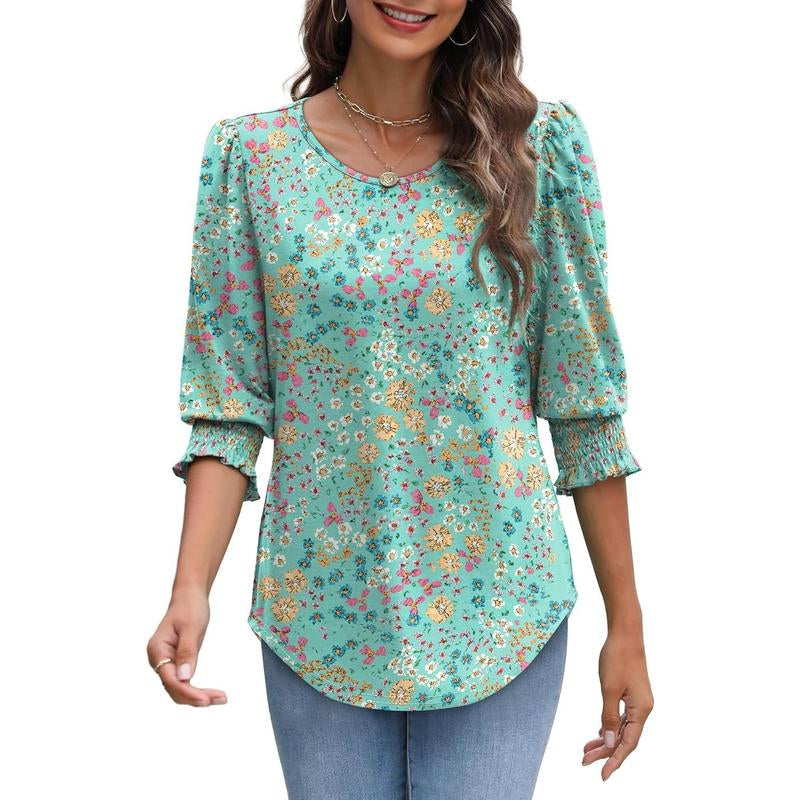 WIHOLL Blouses for Women Dressy Casual 3/4 Length Sleeve Womens Tops with Smocked Cuffs