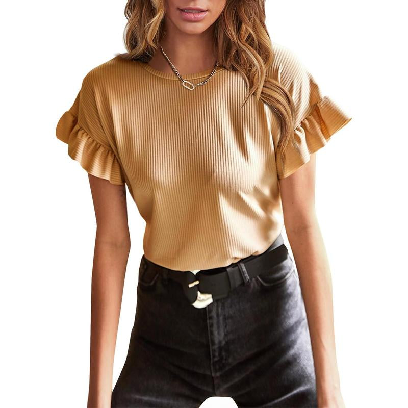 EVALESS Womens Short Sleeve Casual Camisole T Shirts Summer Ruffle Plain Crewneck Knitter Comfort Loose Fitted Basic Tee Tops Womenswear