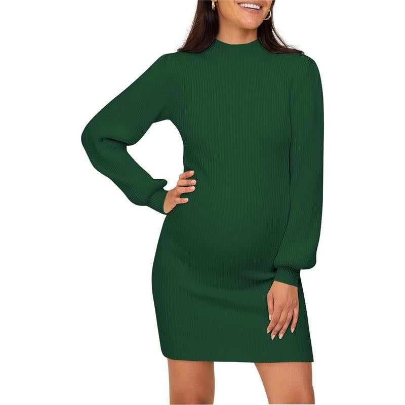 Wenrine Maternity Sweater Dress for Pregnant Women Turtleneck Puff Sleeve Knit Slim Fit Bodycon Mini Dress