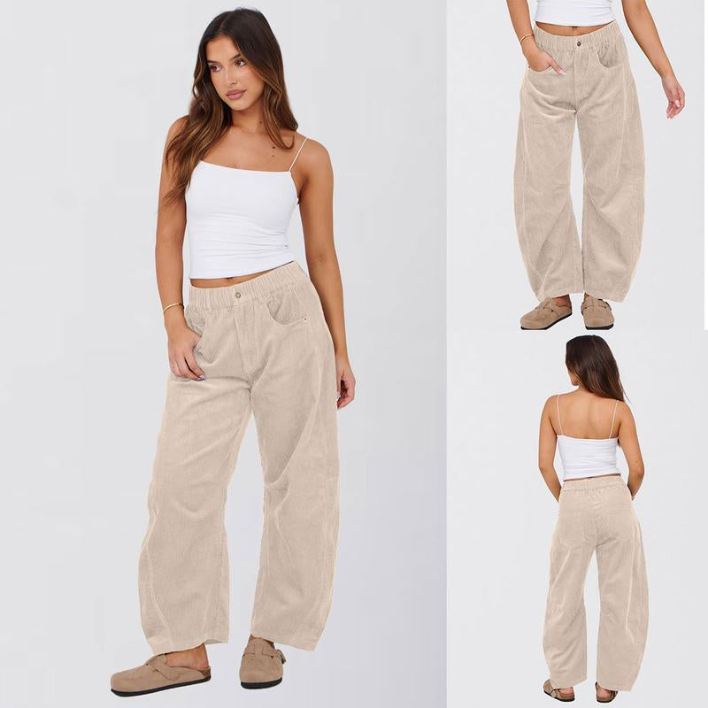 Naeduo Women'S Corduroy Pants Barrel Mid-Rise Elastic Waist Cord Pants Casual Wide Leg Baggy Trouser with Pockets